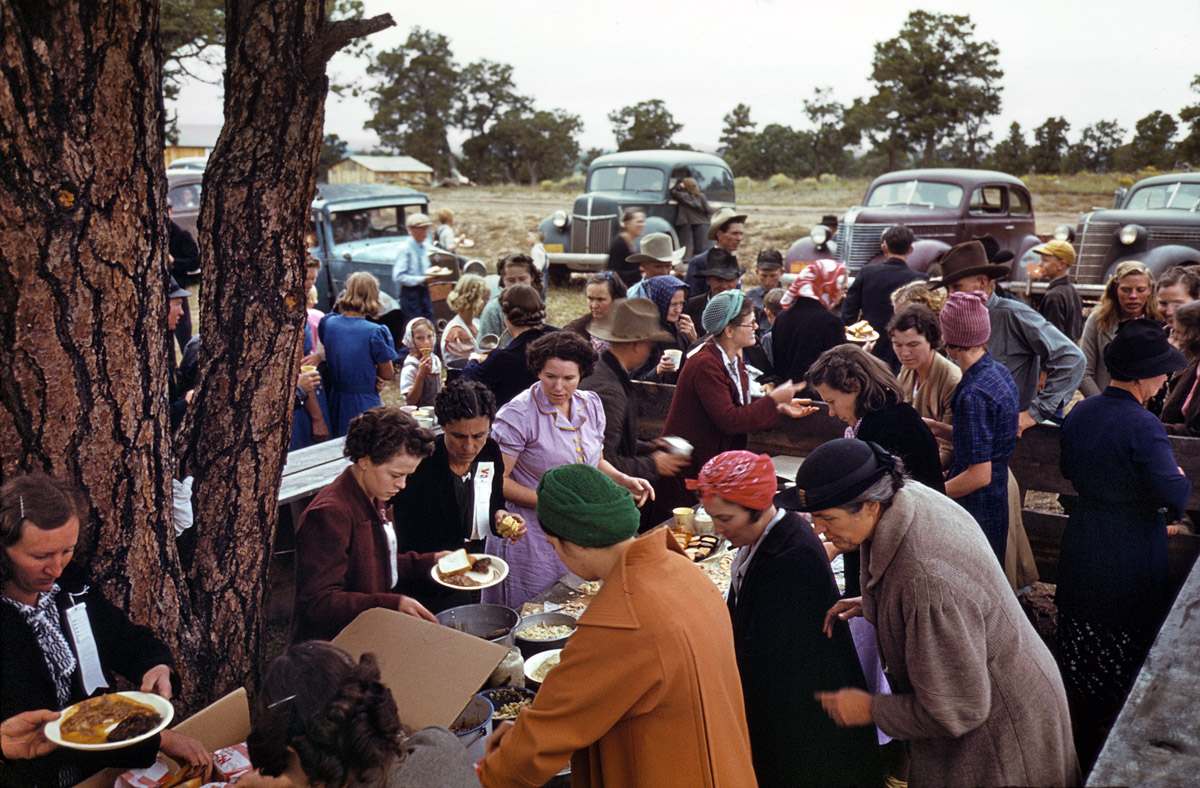 September 1940. "Serving up the barbeque at the Pie Town, New Mexico, Fair." Kodachrome transparency by Russell Lee. View full size.