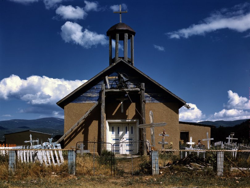 July or October 1940. Church at Llano de San Juan, New Mexico. View full size. 4x5 Kodachrome transparency by Russell Lee, Farm Security Administration.