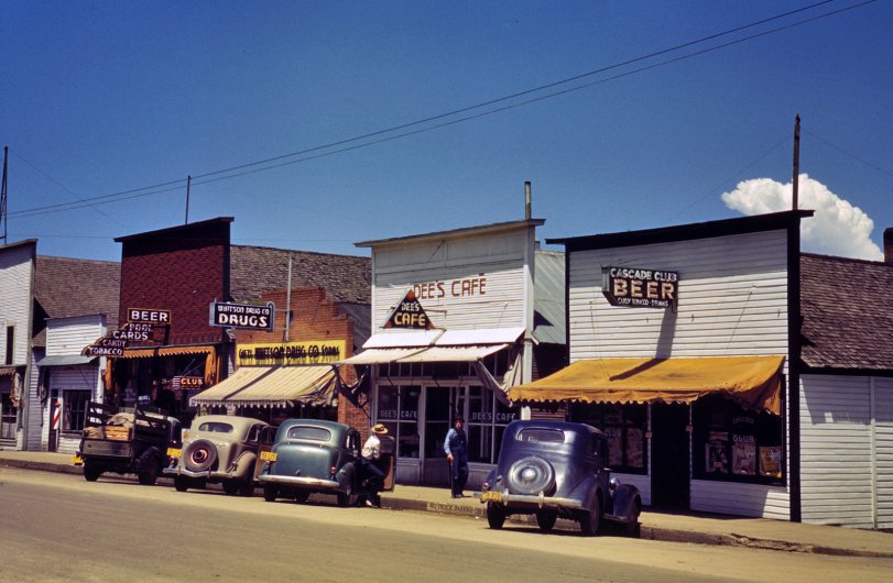 July 1941. "On the Main Street of Cascade, Idaho." View full size. 35mm Kodachrome transparency by Russell Lee for the Farm Security Administration.