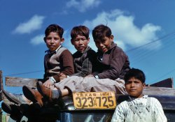 January 1942. "Workers' children at Farm Security Administration labor camp in Robstown, Texas." Kodachrome by Arthur Rothstein. View full size.