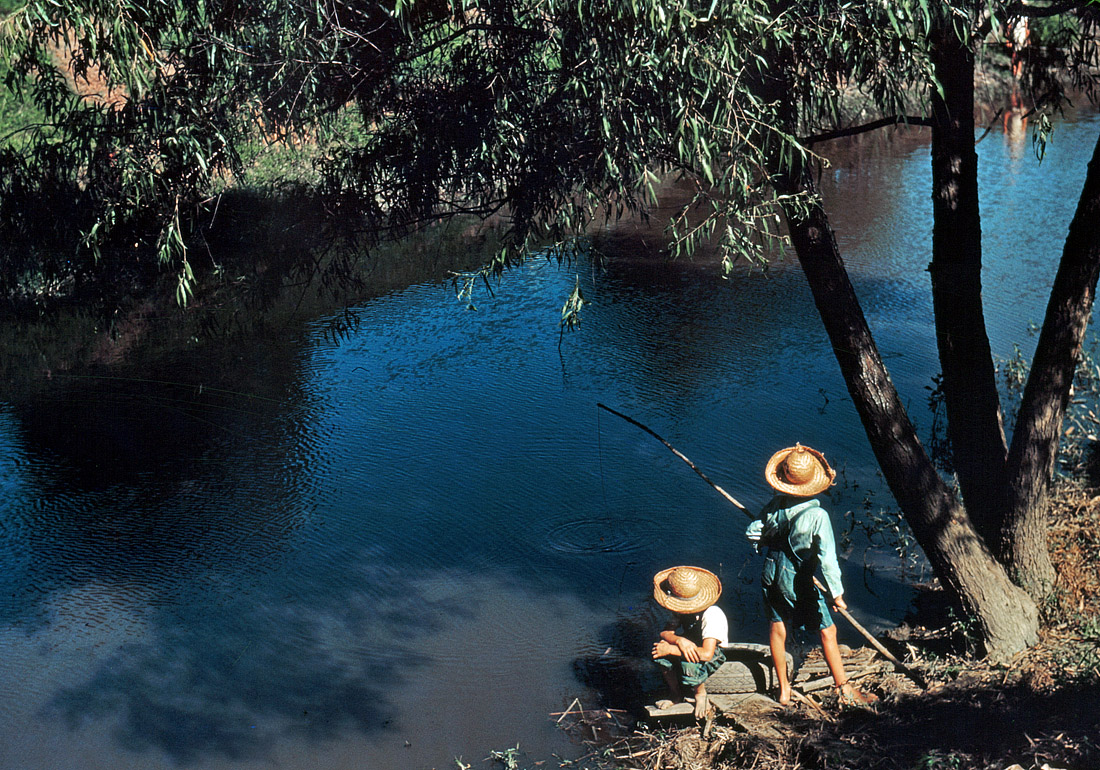 June 1940. Cajun boys fishing in the bayou near Schriever, Louisiana, not far from the Terrebonne Parish School. View full size. 35mm Kodachrome transparency by Marion Post Wolcott, Farm Security Administration.
