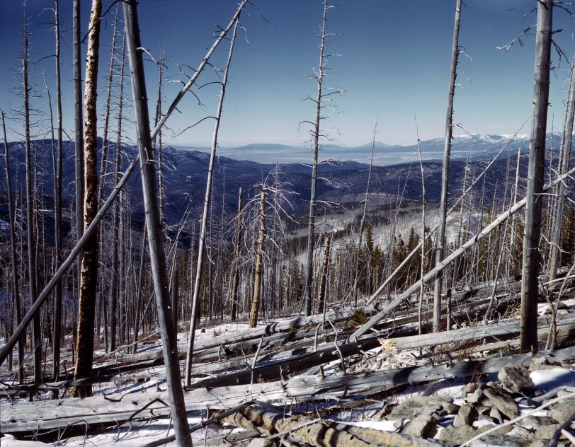 January 1943. The Sangre de Cristo Mountains above Penasco, New Mexico, looking north into Colorado. View full size. 4x5 Kodachrome by John Collier.
