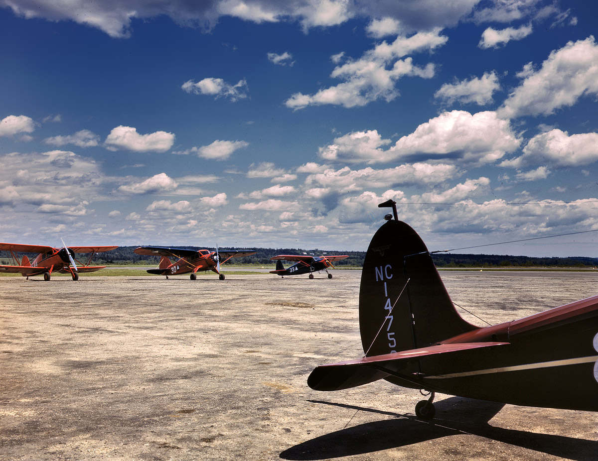 June 1943. The Civil Air Patrol Base at Bar Harbor, Maine. Flying field of Coastal Patrol #20. View full size. 4x5 Kodachrome transparency by John Collier.