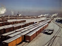 December 1942. Classification yard at the Chicago & Northwestern Proviso Yard, Chicago. View full size. 4x5 Kodachrome transparency by Jack Delano.