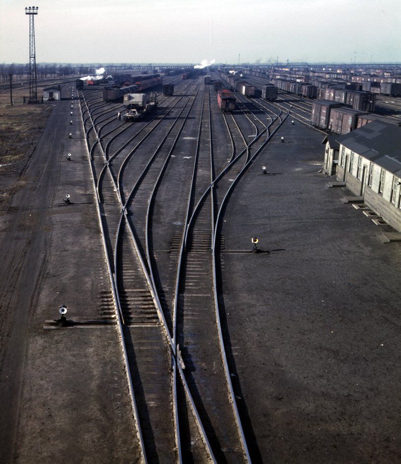 General view of one of the Chicago and North Western railroad yards at Chicago. December 1942. View full size. 4x5 Kodachrome transparency by Jack Delano.