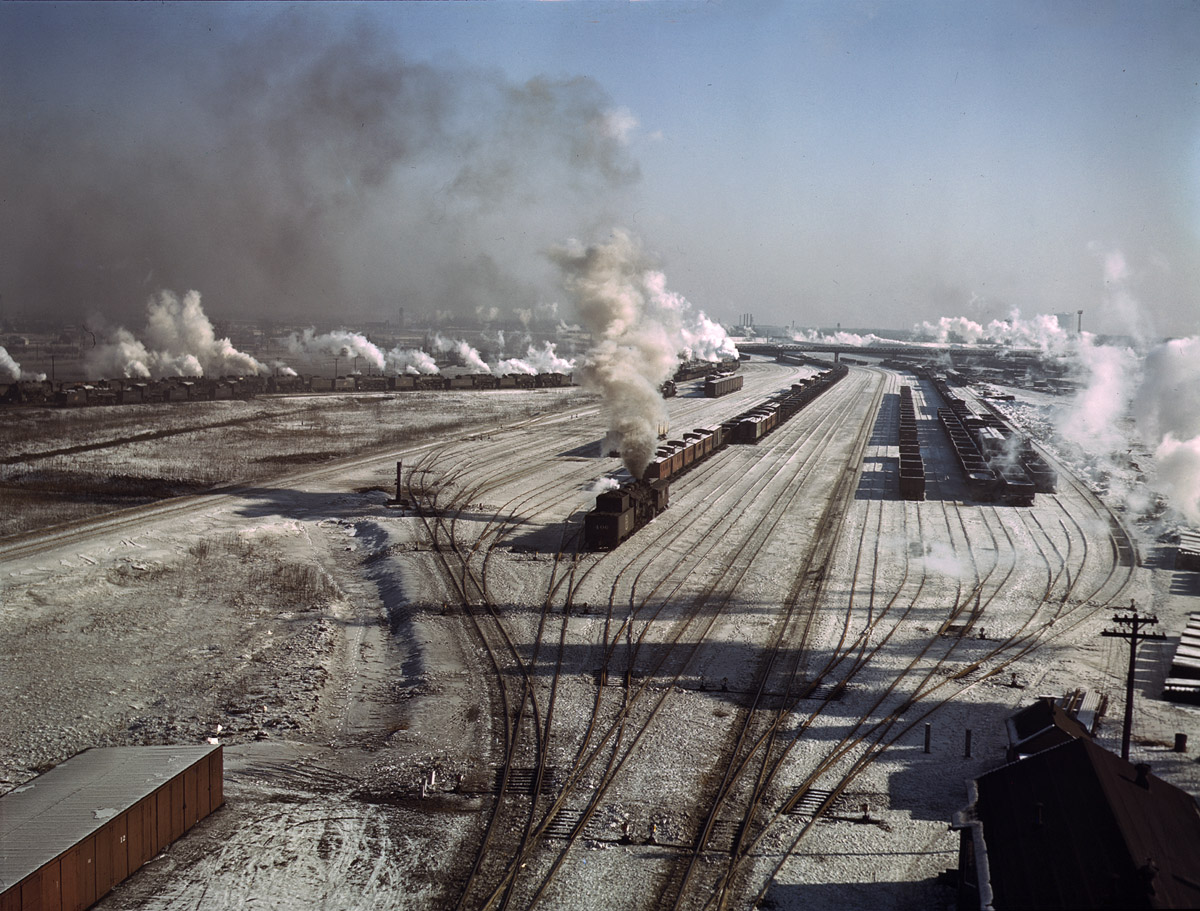 Chicago & North Western railyard, Chicago. December 1942. View full size. Kodachrome by Jack Delano. Camera: 4x5 Graflex Speed Graphic.