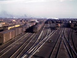 Classification yard at the Chicago & North Western Proviso Yard. December 1942. View full size. 4x5 Kodachrome transparency by Jack Delano.