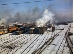 December 1942. "One of the Chicago and North Western R.R. classification yards." 4x5 Kodachrome transparency by Jack Delano. View full size.