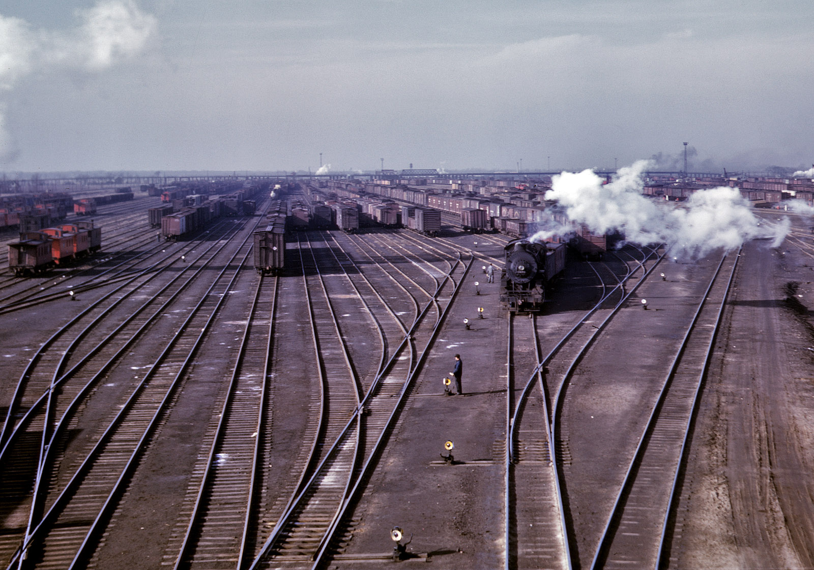 December 1942. General view of the C&NW R.R. Proviso classification yard at Chicago. View full size. 4x5 Kodachrome transparency by Jack Delano.