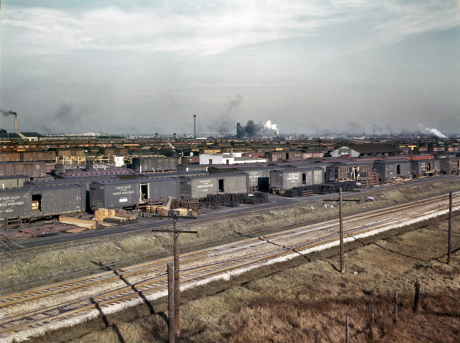 South Yards at the Chicago & North Western Proviso Yards. December 1942. View full size. 4x5 Kodachrome transparency by Jack Delano.