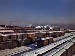 December 1942. "General view of a classification yard at the Chicago & North Western RR's Proviso Yard." View full size. 4x5 Kodachrome transparency by Jack Delano for the Office of War Information.