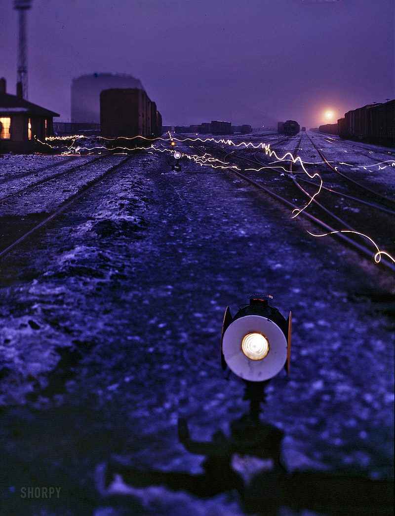 December 1942. "Proviso departure yard of the Chicago &amp; North Western R.R. at twilight." 4x5 Kodachrome transparency by Jack Delano. View full size.
