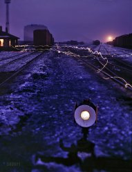 December 1942. "Proviso departure yard of the Chicago & North Western R.R. at twilight." 4x5 Kodachrome transparency by Jack Delano. View full size.
