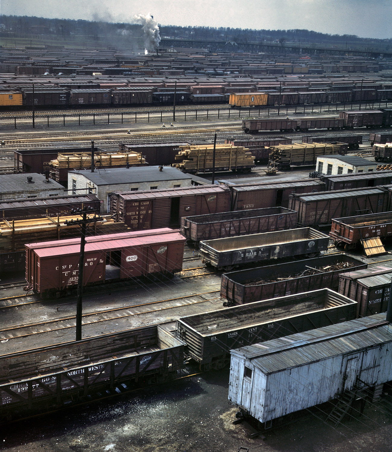Chicago, April 1943. Proviso freight classification yard of the Chicago & North Western R.R. View full size. 4x5 Kodachrome transparency by Jack Delano.