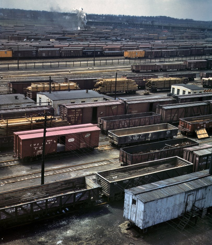 Chicago, April 1943. Proviso freight classification yard of the Chicago &amp; North Western R.R. View full size. 4x5 Kodachrome transparency by Jack Delano.
