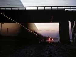 December 1942. Time exposure of repair tracks of the Chicago & North Western R.R. View full size. 4x5 Kodachrome transparency by Jack Delano.