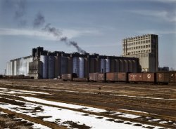 March 1943. "The giant Santa Fe R.R. 10 million bushel grain elevator, Kansas." 4x5 Kodachrome transparency by Jack Delano for the OWI. View full size.
Here is my Ripple, here is my snoutDig the crazy hobo on the boxcar doing I'm a Little Teapot.
And I thoughtI could almost hear the opening bars of "Oh What a Beautiful Morning." 
The &quot;hobo&quot;That's a brakeman signaling the engineer. Used to be called "decorating" as they walked the tops of cars.
Where is this?Can anyone identify where this is?  Grain elevators are hard to demolish, so it is probably still there.
CensoredI wonder if this is the type of photo that they would have censored in the wartime Soviet Union because it represented almost unthinkable wealth and resources -- just like they censored the movie "The Grapes of Wrath" because of the suggestion that Americans who were wealthy enough to own a truck were still considered to be living in poverty.
It&#039;s GoneThis grain elevator is now gone.  It was located in the middle of the Santa Fe Railway's large Argentine Yard in Kansas City, KS.  When the Santa Fe's corporate successor decided to rebuild and enlarge the Argentine Yard, it was demolished to make room for a larger yard.
Nothing lasts forever.http://kensas.kdhe.state.ks.us/pls/certop/Iop?id=C410570991
Latitude:  39.0862  Longitude:  -94.68742
AT&amp;SF ELEVATOR - 4515 KANSAS AVENUE - KANSAS CITY, KS
"This site is the former location of a large grain elevator located within the Argentine Yard Railroad facility. The elevator was demolished in 1996, the cement foundation covered by approximately 5 feet of rock ballast and overlaid by closely spaced railroad tracks."  
Out in the YardAnd this is how it looks today

The Great Grain ElevatorMy dad worked 50 years in the Santa Fe Elevator A in the Argentine rail yards. The elevator had many grain companies lease the facility during the years, with some of the companies as Burris Mills, Continential Grain &amp; the final one was Cargill.  My dad was the weighmaster and his floor was 3rd row of windows from the top. I spent many days up there with him looking out over Kansas City.
Also makes a great tripodI wonder if Jack was up on top of this when he took https://www.shorpy.com/node/14960 ?  If the latitude and longitude from Anonymous Tipster are to be believed, it would be in about the right spot.  (About the only other explanation I can think of for the angle in 14960 is that he climbed one of the yard's light towers.)
(The Gallery, Kodachromes, Jack Delano, Railroads)