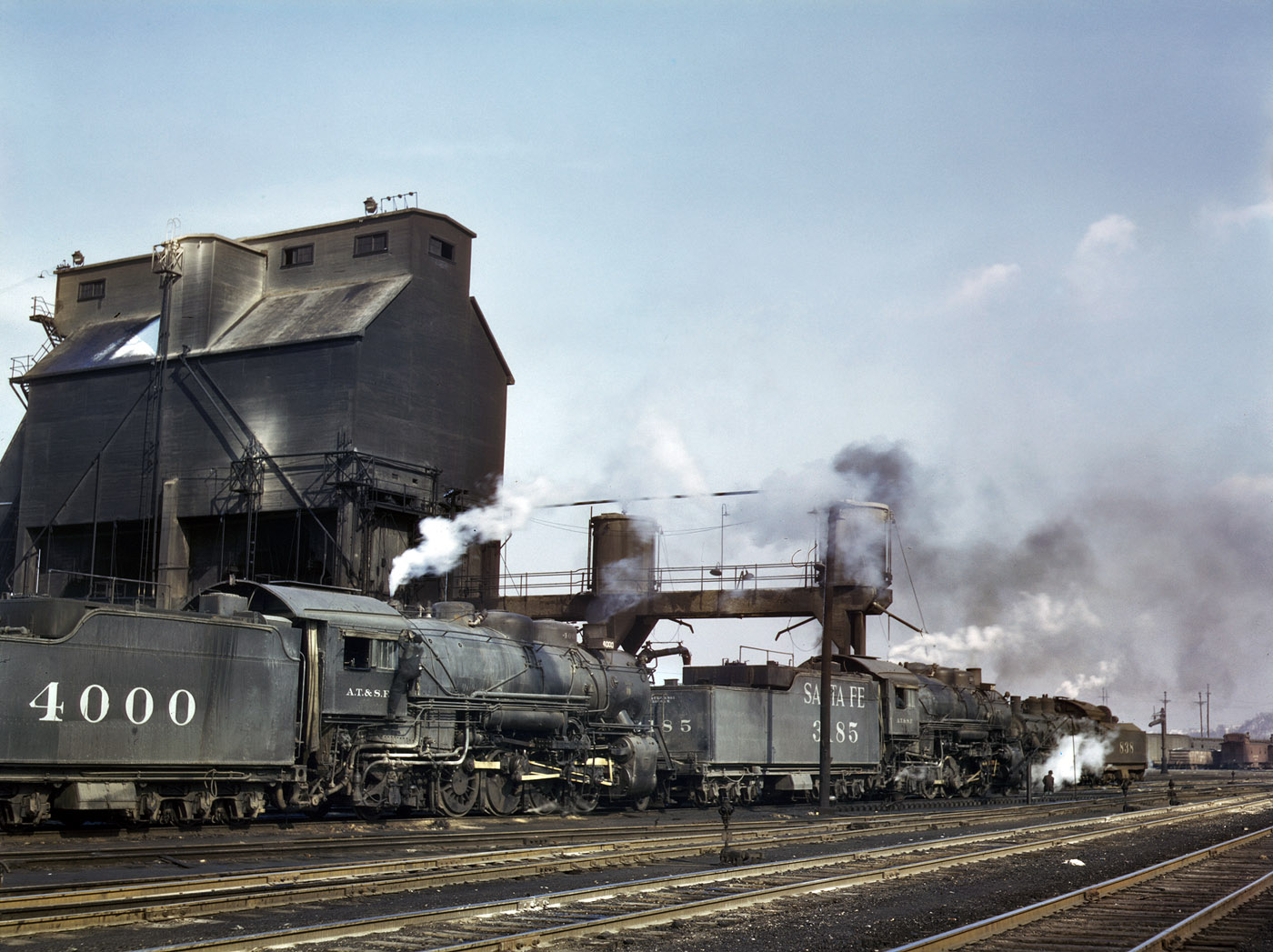 Coal and sand chutes at the Argentine Yard, Santa Fe R.R., Kansas City, Kansas. March 1943.  View full size. 4x5 Kodachrome transparency by Jack Delano.