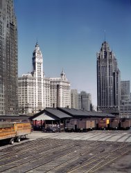 Chicago, April 1943. "General view of part of the South Water Street Illinois Central Railroad freight terminal." View full size. 4x5 Kodachrome transparency by Jack Delano for the Office of War Information.