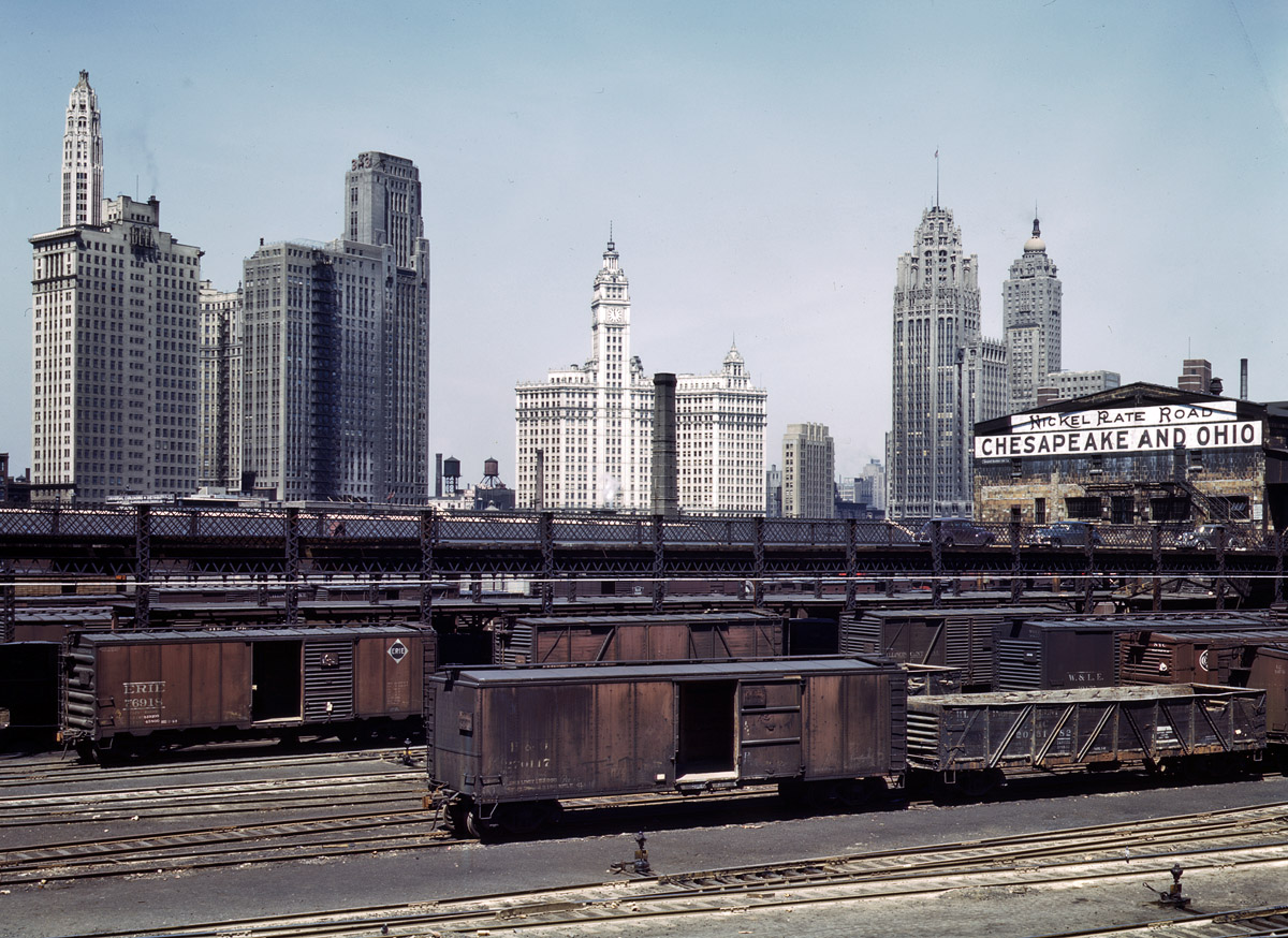 April 1943. "Illinois Central R.R. freight cars at the South Water Street freight terminal, Chicago. The C & O and Nickel Plate Railroads lease part of this terminal." 4x5 inch Kodachrome transparency by Jack Delano for the Office of War Information. View full size.