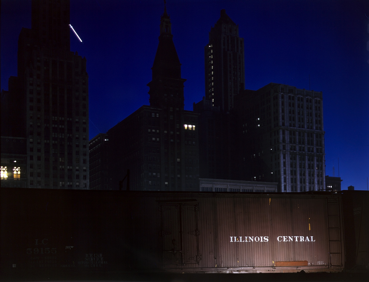Illinois Central freight cars at the South Water Street terminal, Chicago. May 1943. View full size. 4x5 Kodachrome transparency by Jack Delano.