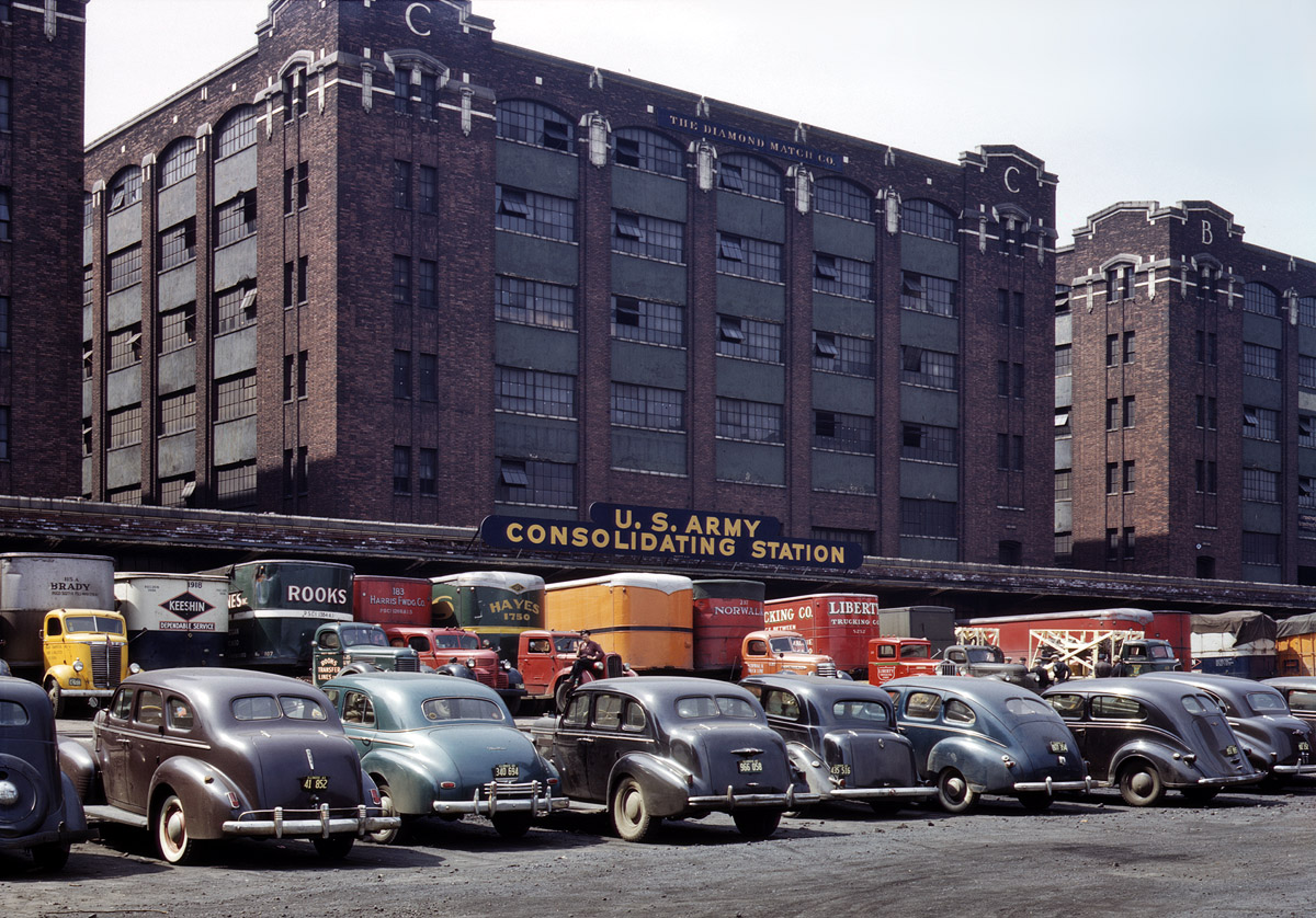 Freight depot of the Army consolidating station at Chicago. April 1943. View full size. 4x5 Kodachrome transparency by Jack Delano. 