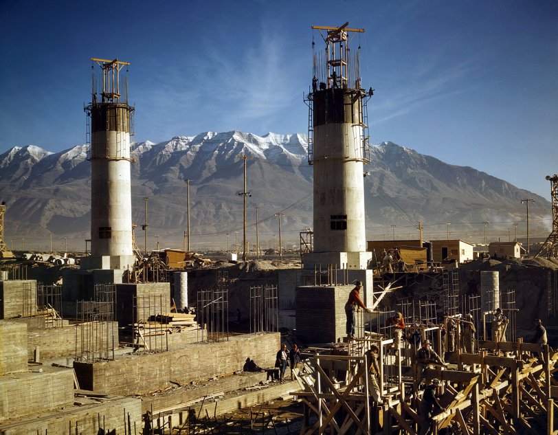 November 1942. Geneva, Utah. Columbia Steel Co. "Partly finished open hearth furnaces and stacks for a mill which will soon be producing vitally needed steel." View full size. 4x5 Kodachrome transparency by Andreas Feininger.
