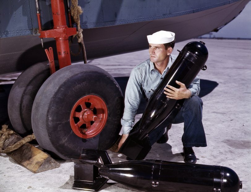 J.D. Estes at the Naval Air Base, Corpus Christi, Texas. August 1942. View full size. 4x5 Kodachrome transparency by Howard Hollem.
