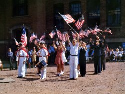 August 1942. Children stage a "patriotic demonstration" at the Beecher Street School in Southington, Conn. View full size. Kodachrome by Fenno Jacobs.