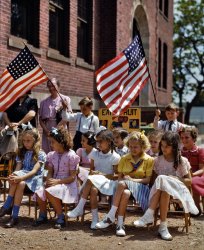 May 1942. Patriotic display at the Beecher Street School in Southington, Conn.  View full size. 4x5 Kodachrome transparency by Fenno Jacobs.