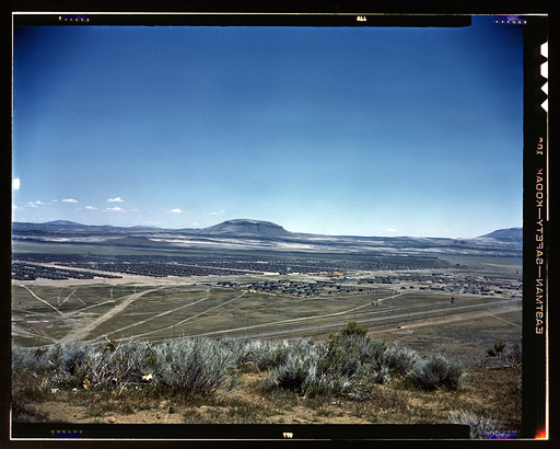 Tule Lake Relocation Center near Newell, California. 1942 or 1943. Japanese American emergency relocation camp with Abalone Mountain in the distance. Photographer unknown. View full size.