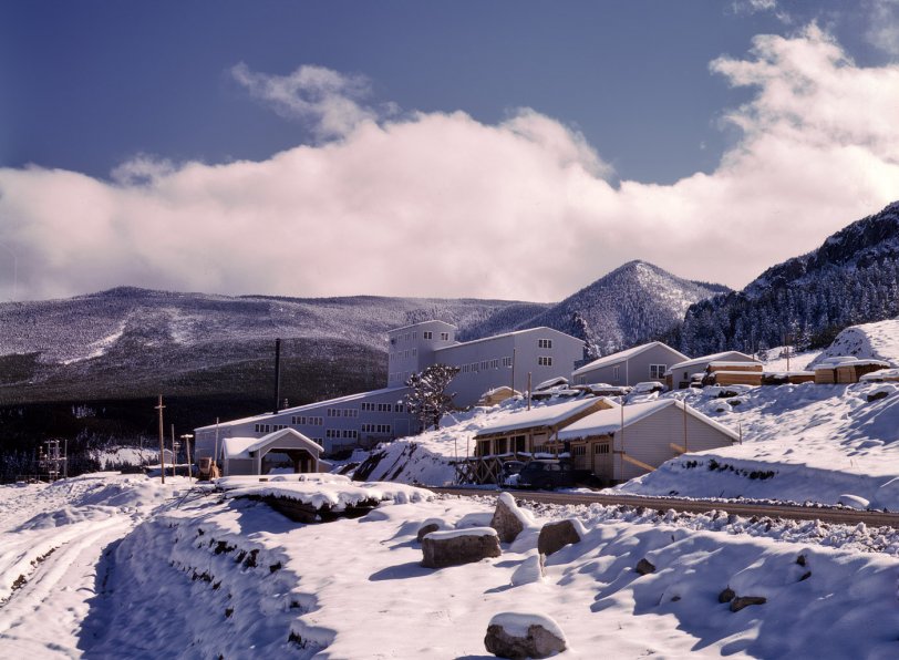 September 1942. An early snow at the Benbow Mill of the Metal Reserves chromite development in Stillwater County, Montana. View full size. 4x5 Kodachrome transparency by Russell Lee for the Office of War Information.
