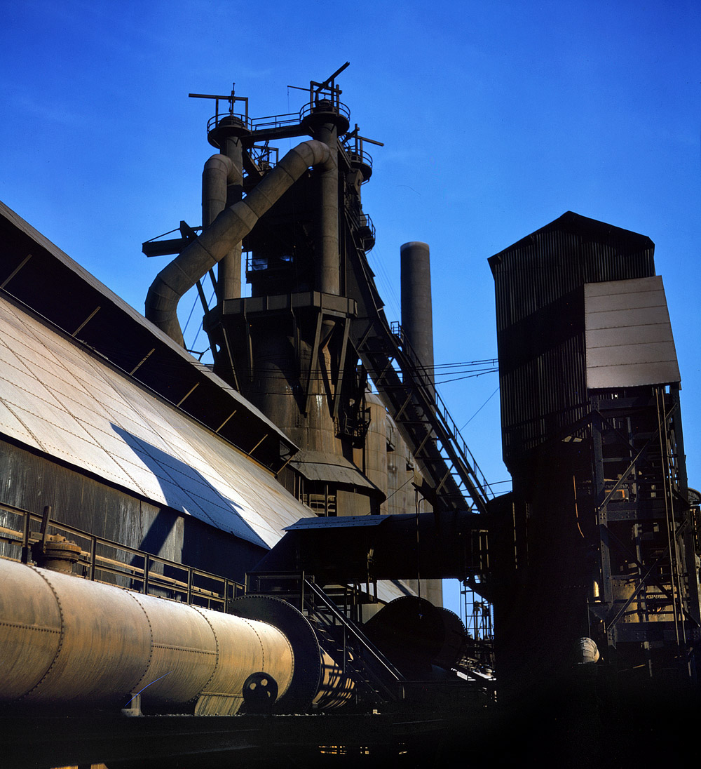 November 1941. Blast furnace at Carnegie-Illinois steel mill at Etna, Pennsylvania. View full size. 4x5 Kodachrome transparency by Alfred Palmer.
