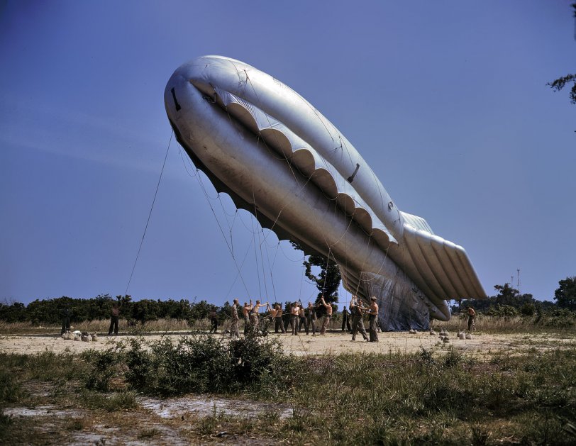 May 1942. Marines training in barrage balloon technique at Parris Island, South Carolina. View full size. 4x5 Kodachrome transparency by Alfred Palmer.
