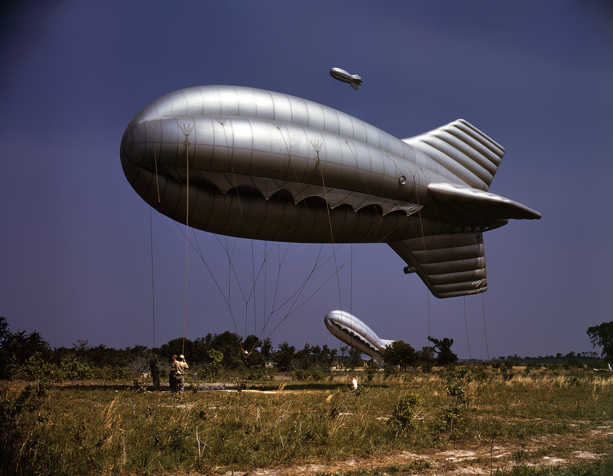 May 1942. Another shot of Marines training with barrage balloons at Parris Island, S.C. View full size. 4x5 Kodachrome transparency by Alfred Palmer.