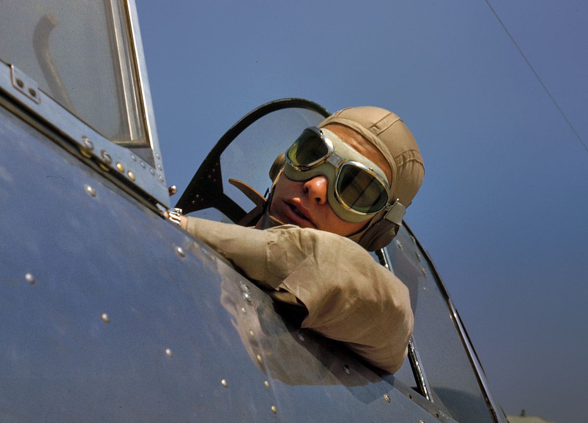 May 1942. Parris Island, South Carolina. "Marine lieutenant glider pilot in training at Page Field." View full size. 35mm Kodachrome transparency: Alfred Palmer.