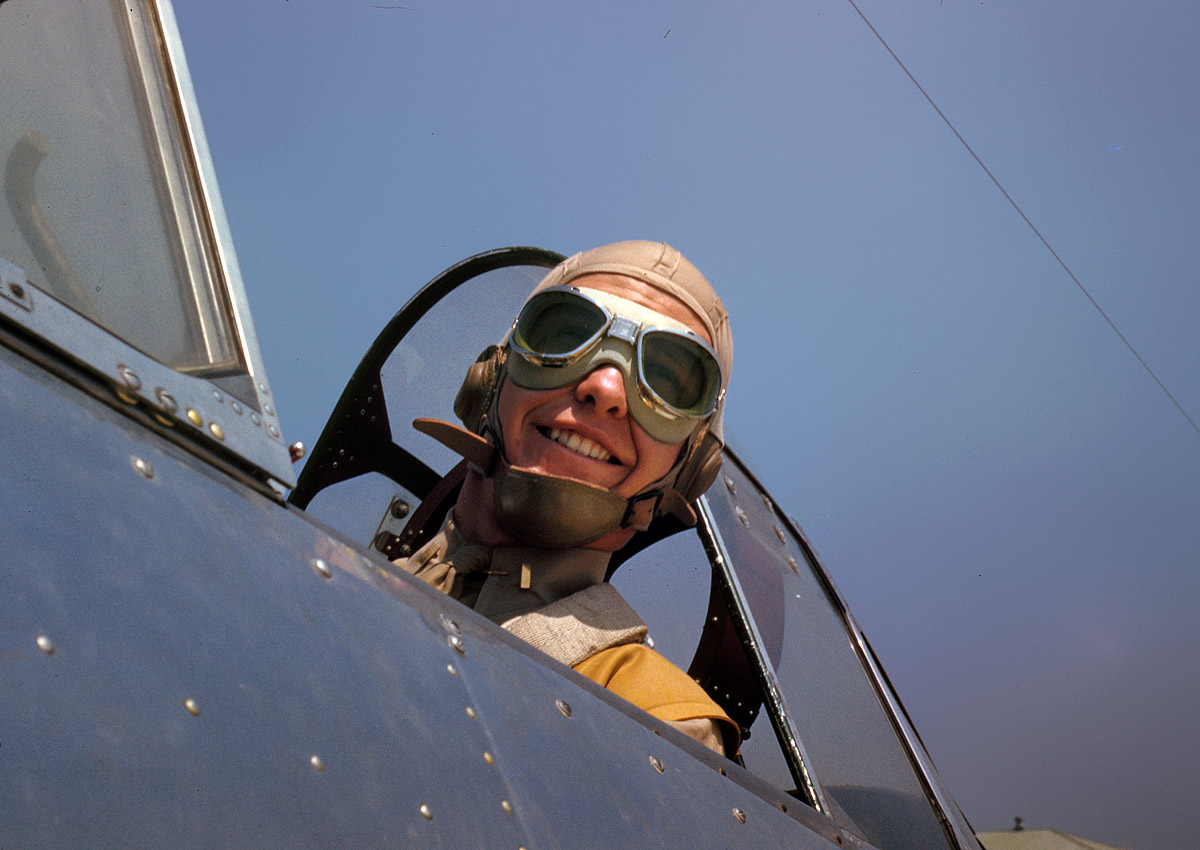 May 1942. Parris Island, South Carolina. "Marine lieutenant glider pilot in training at Page Field." A smilier version of the airman seen here. 35mm Kodachrome transparency by Alfred Palmer, Office of War Information. View full size.