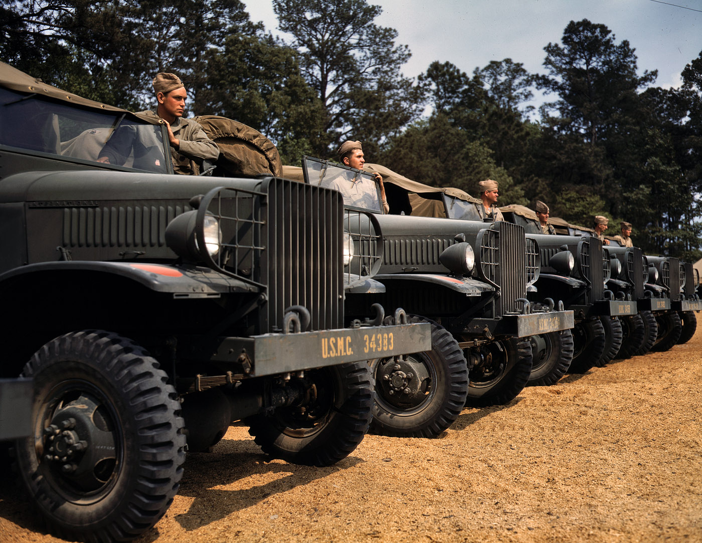 May 1942. Motor detachment at the New River, North Carolina, Marine base. View full size. 4x5 Kodachrome transparency by Alfred Palmer, O.W.I.