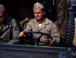 May 1942. Marine transport driver at New River, North Carolina. View full size. 4x5 Kodachrome transparency by Alfred Palmer, Office of War Information.