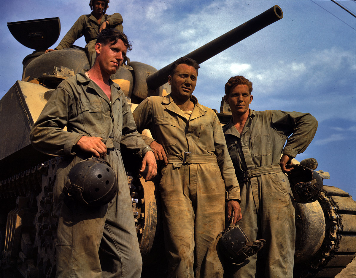 June 1942. An M-4 tank crew training at Fort Knox, Kentucky. View full size. 4x5 Kodachrome transparency by Alfred Palmer, Office of War Information.