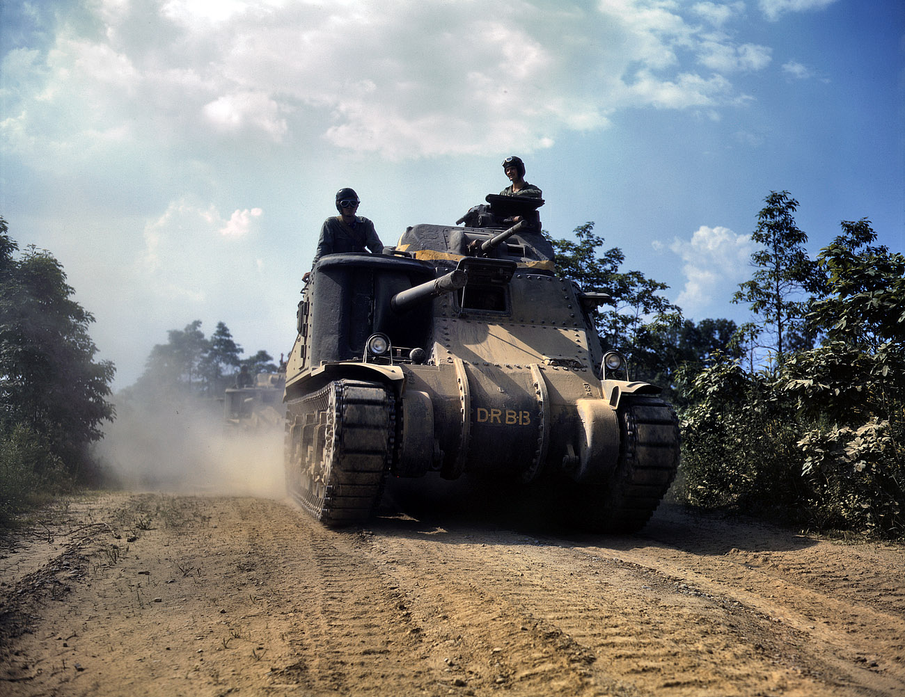 June 1942. "M-3 tanks in action. Fort Knox, Kentucky." View full size. 4x5 Kodachrome transparency by Alfred Palmer for the Office of War Information.