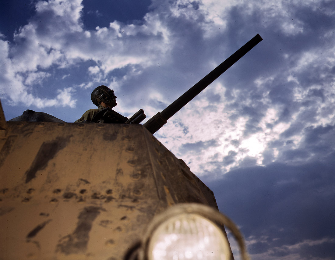 June 1942. Tank commander at Fort Knox, Kentucky. View full size. 4x5 Kodachrome transparency by Alfred Palmer.