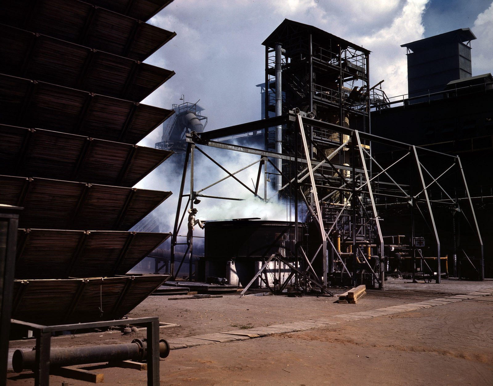June 1942. "TVA chemical plant where elemental phosphorus is made. Vicinity of Muscle Shoals, Alabama." View full size. 4x5 Kodachrome transparency by Alfred Palmer for the Office of War Information.