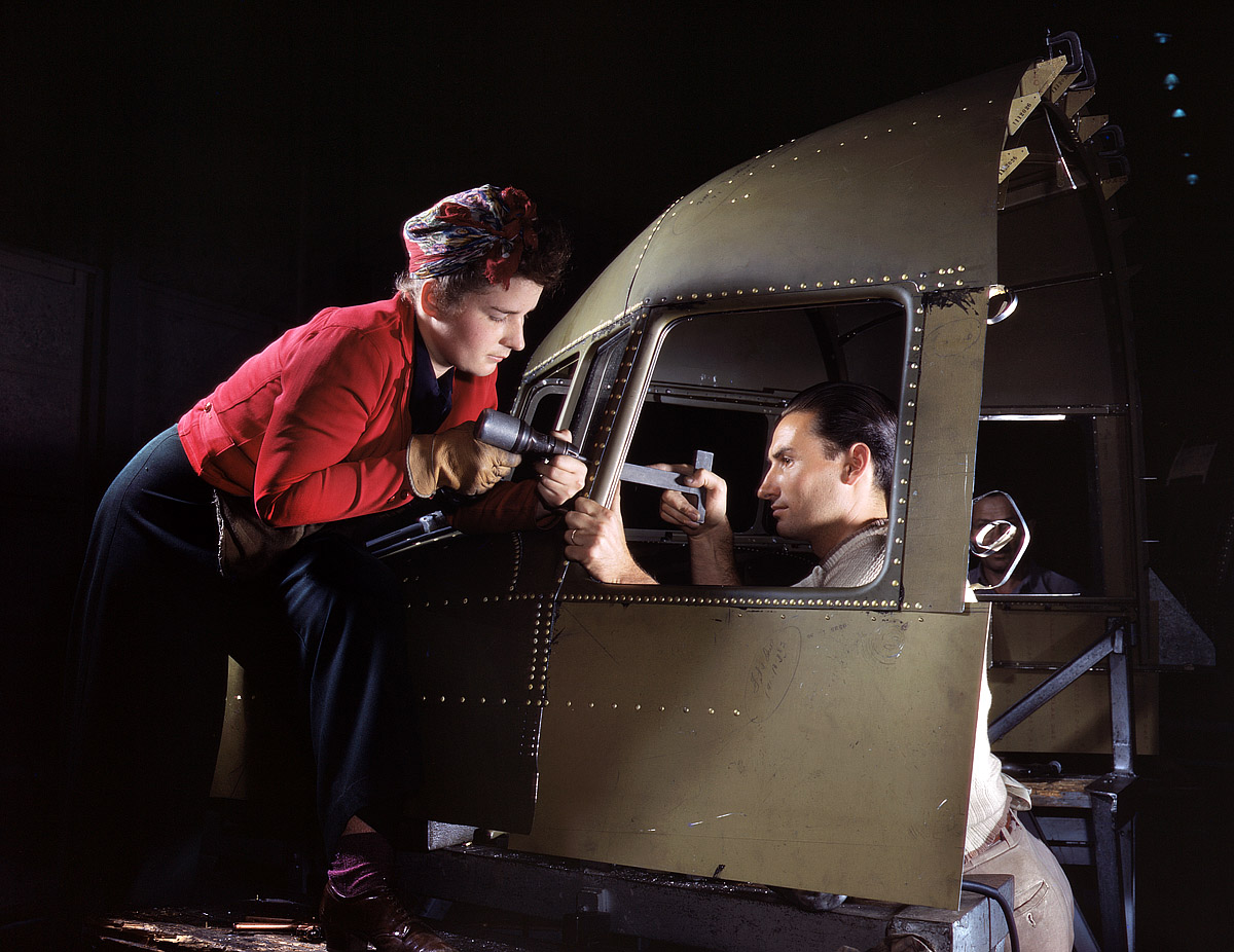 October 1942. "Riveting team working on the cockpit shell of a C-47 transport at Douglas Aircraft Company, Long Beach, Calif. The versatile C-47 performs many important tasks for the Army. It ferries men and cargo across the oceans and mountains, tows gliders and brings paratroopers and their equipment to scenes of action." View full size. 4x5 Kodachrome transparency by Alfred Palmer for the Office of War Information. Happy Valentine's Day from Shorpy!