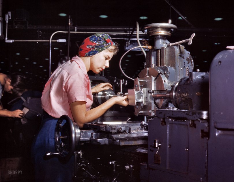 October 1942. "Women become skilled shop technicians after careful training in the school at the Douglas Aircraft Company plant in Long Beach, California. Planes made here include the B-17F Flying Fortress heavy bomber, A-20 assault bomber and C-47 transport." Happy Labor Day from Shorpy! 4x5 Kodachrome transparency by Alfred Palmer, Office of War Information. View full size.