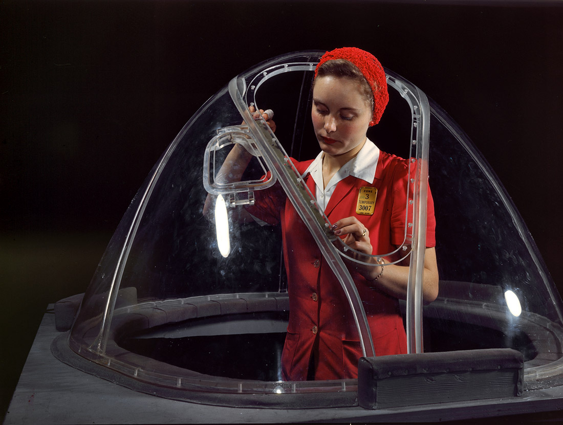 Bombardier nose section of a B-17F Navy bomber at the Douglas Aircraft plant in Long Beach, Calif. October 1942. The B-17F "Flying Fortress" is a later model of the B-17. View full size. 4x5 Kodachrome transparency by Alfred Palmer.