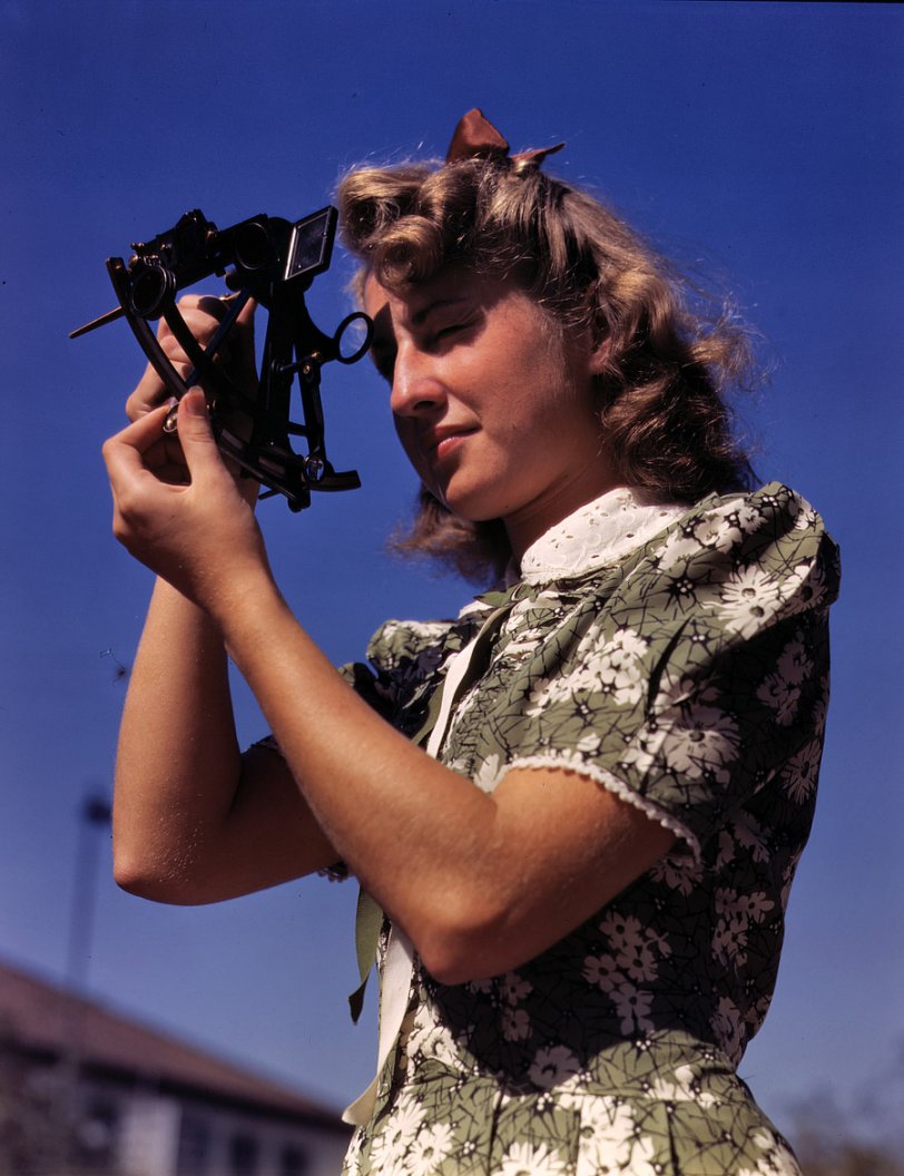 September 1942. "Learning how to determine latitude by using a sextant is Senta Osoling, student at Polytechnic High School, Los Angeles. Navigation classes are part of the school's program for training its students for specific contributions to the war effort." View full size. 4x5 Kodachrome transparency by Alfred Palmer.
