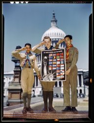 Washington, 1943. "United Nations Fight for Freedom: Colored, white and Chinese Boy Scouts in front of Capitol. They help out by delivering posters to help the war effort." View full size. 4x5 Kodachrome transparency by John Rous for the Office of War Information. What photo expert out there can tell us about the numbers on these Kodachromes -- how and at what point in the manufacturing/ exposure/ developing process they were made, and what they signify.