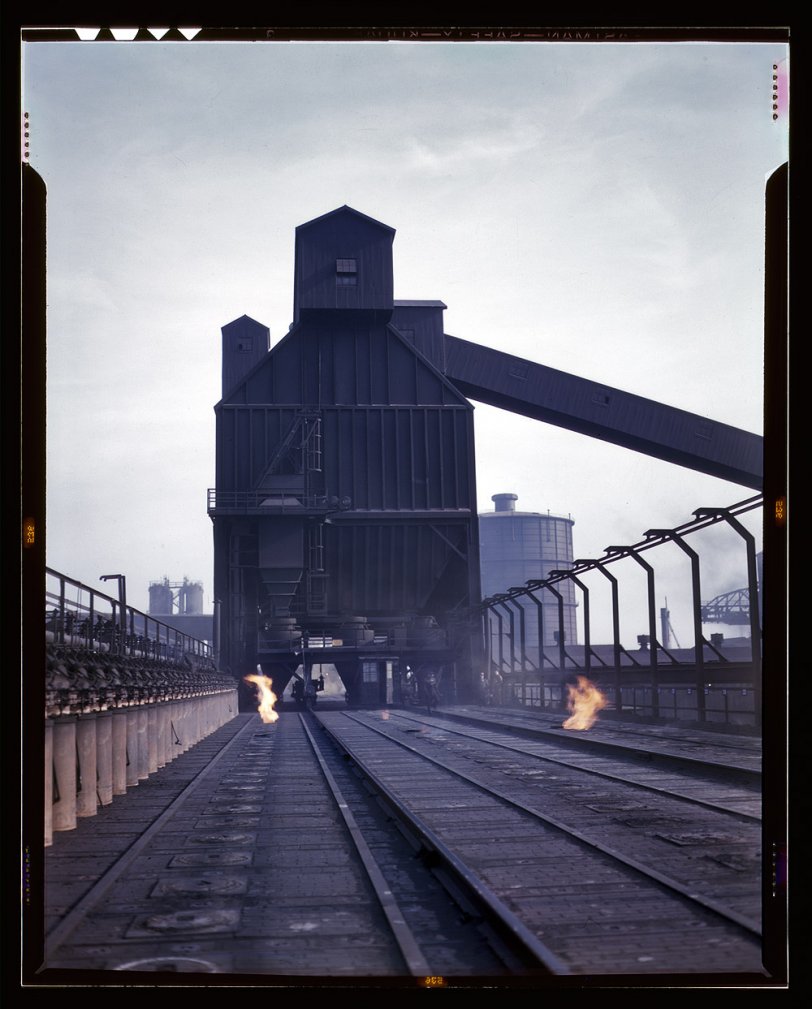Coal tower over ovens of the Hanna furnaces, Great Lakes Steel, Detroit. Nov. 1942. View full size. 4x5 Kodachrome transparency by Arthur Siegel.
