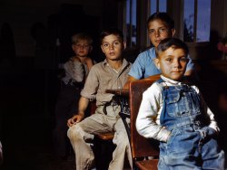 April 1943. Schoolchildren in San Augustine County, Texas. 4x5 Kodachrome transparency by John Vachon, Office of War Information. View full size.